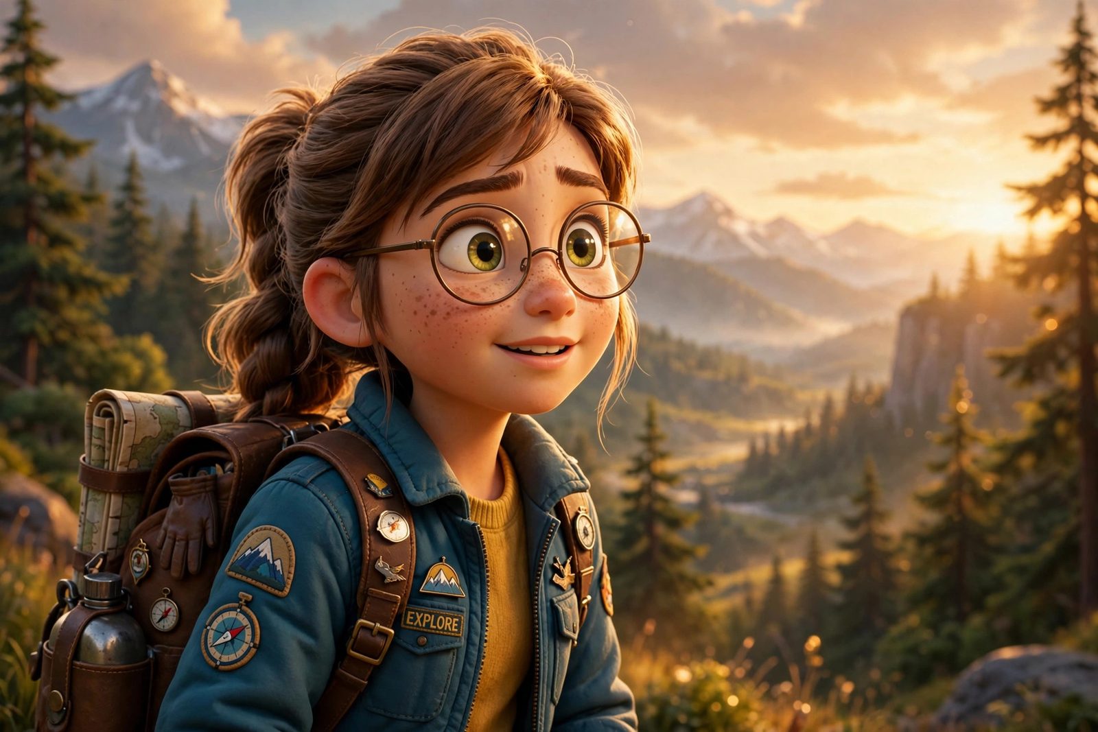 Stylized 3D animated character portrait of a young explorer